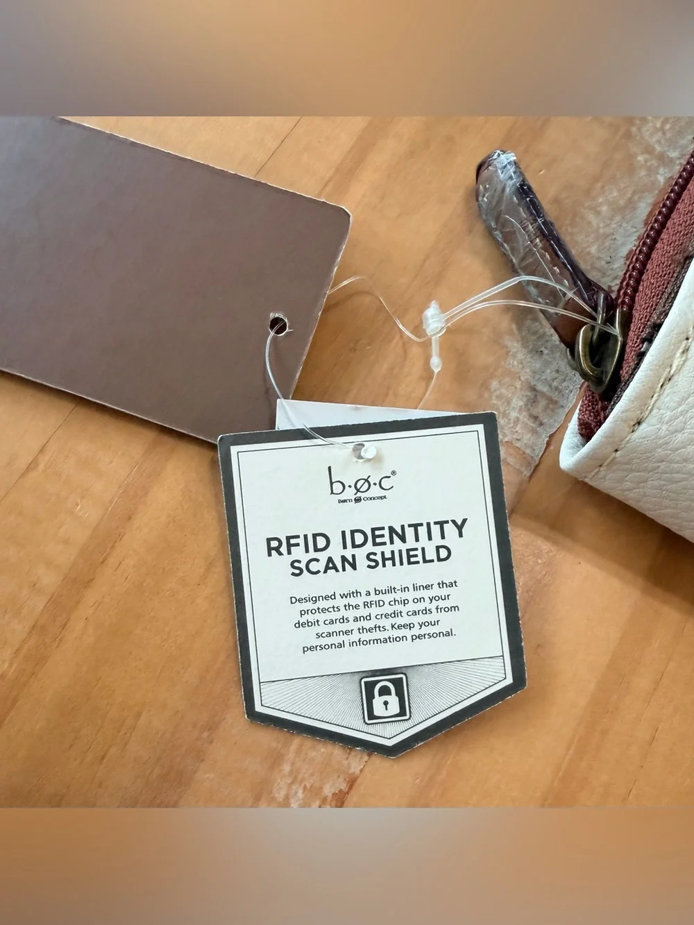 NEW b.o.c. RFID Aqua and Taupe Trifold Wallet with Brown Accents BORN NWT